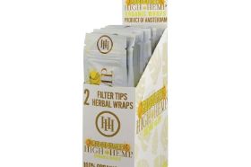 The High Hemp CBD Wraps feature (25) flavored all-natural blunt wrap 2-packs with CBDs for a next-level herbal experience. The first patent pending organic CBD Blunt Wraps are here to make blunts all-herbal! High Hemps are 100 percent organic hemp based and third party lab tested. Help your customers keep the nicotine and tobacco out of the herbal experience!